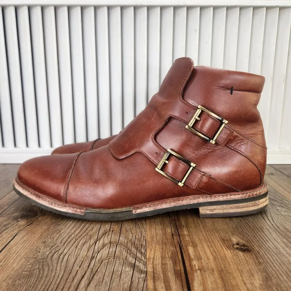 Tsubo Double Monk Strap Cap Toe Leather Ankle Boots Mens Sz 9 Brown Dress Preppy